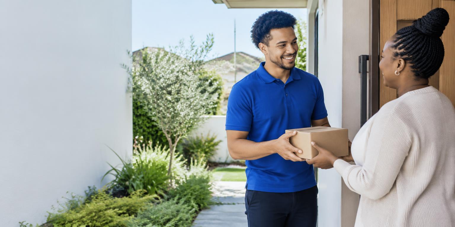 Illustrative South African shopper receiving a parcel at home